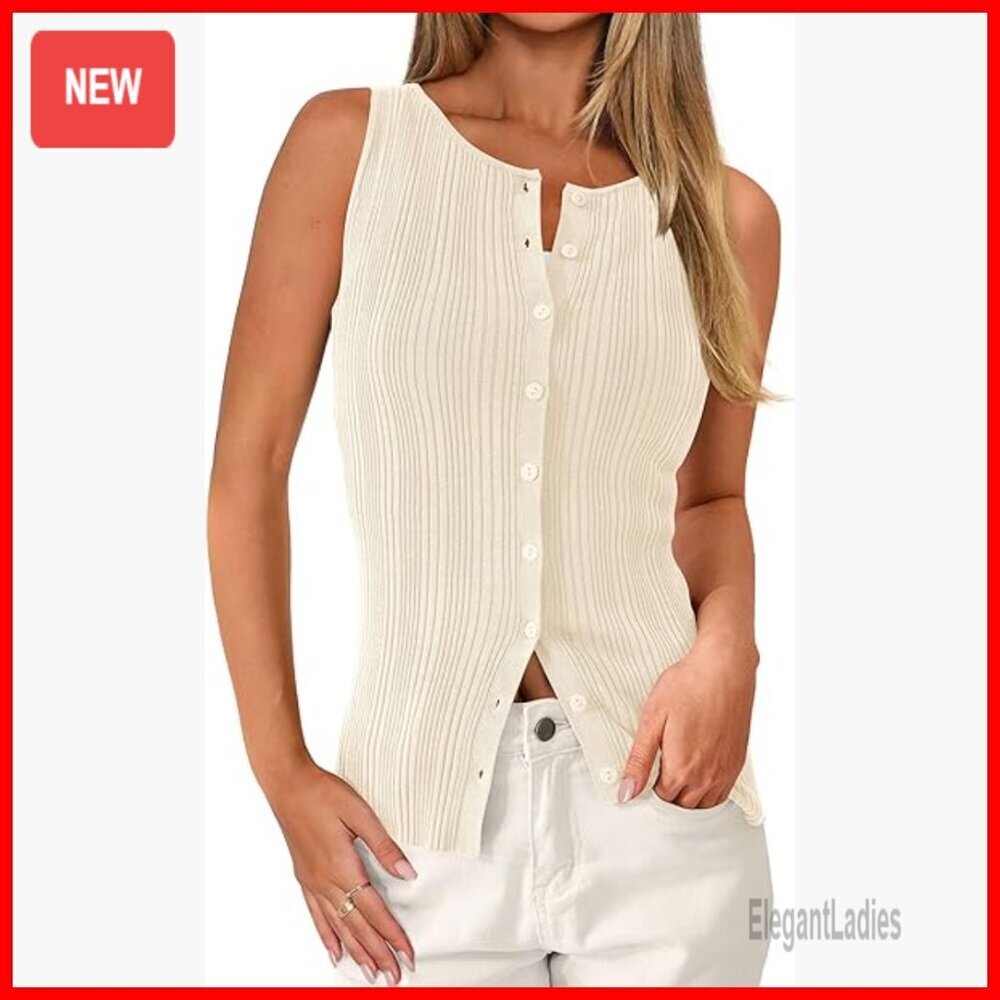 Slim Fit Ribbed Tank Top Button Down Sleeveless Vest Summer Top